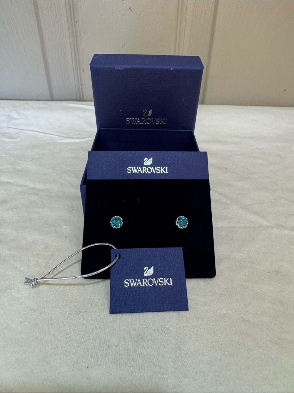 Swarovski December Birthstone Stud Earrings Blue Zircon Crystal Halo New NIB